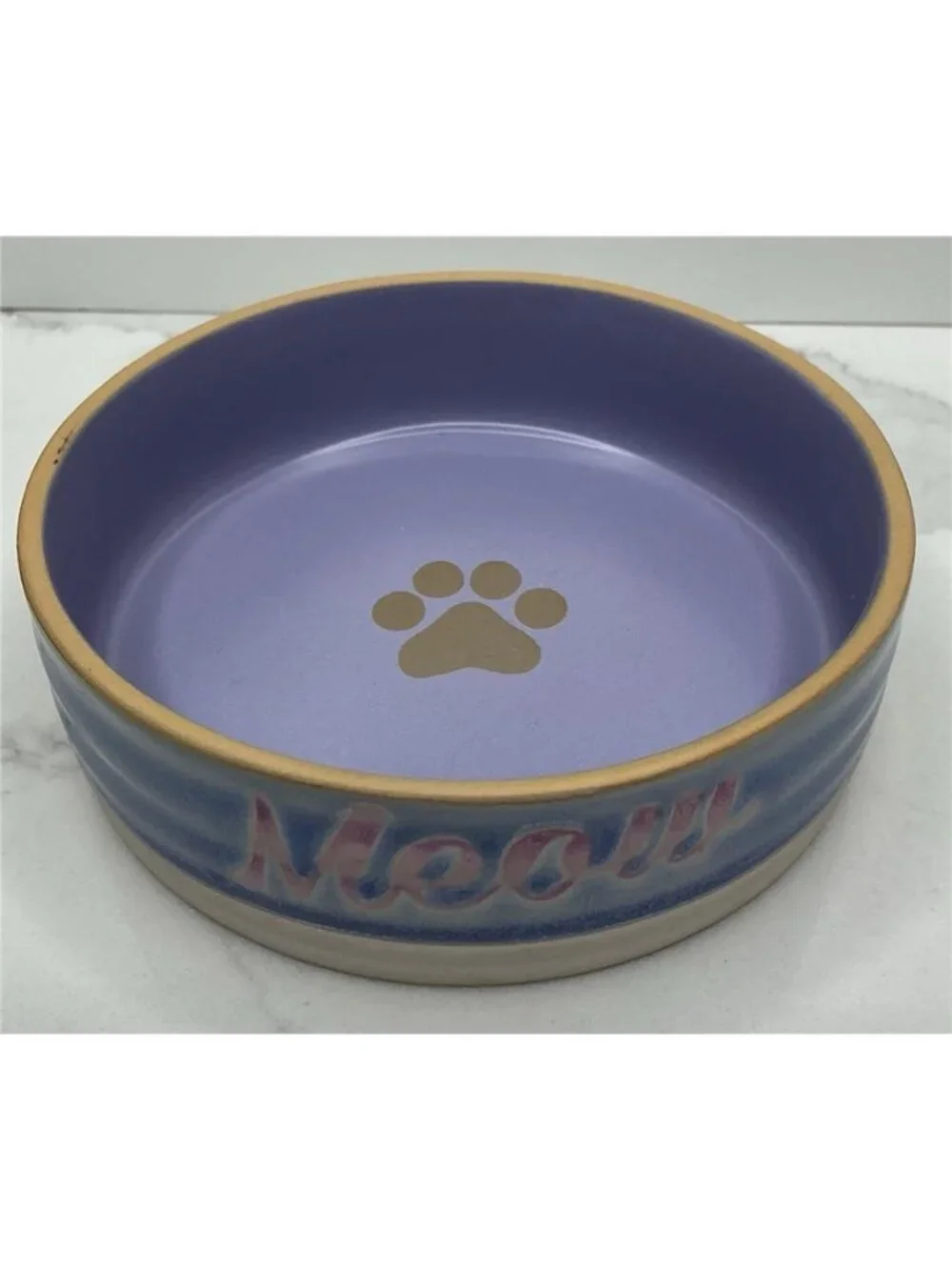 Spectrum Designz Cat Dish Ceramic Pet Bowl Purple Meow Paw Benton Cat 4.9” New